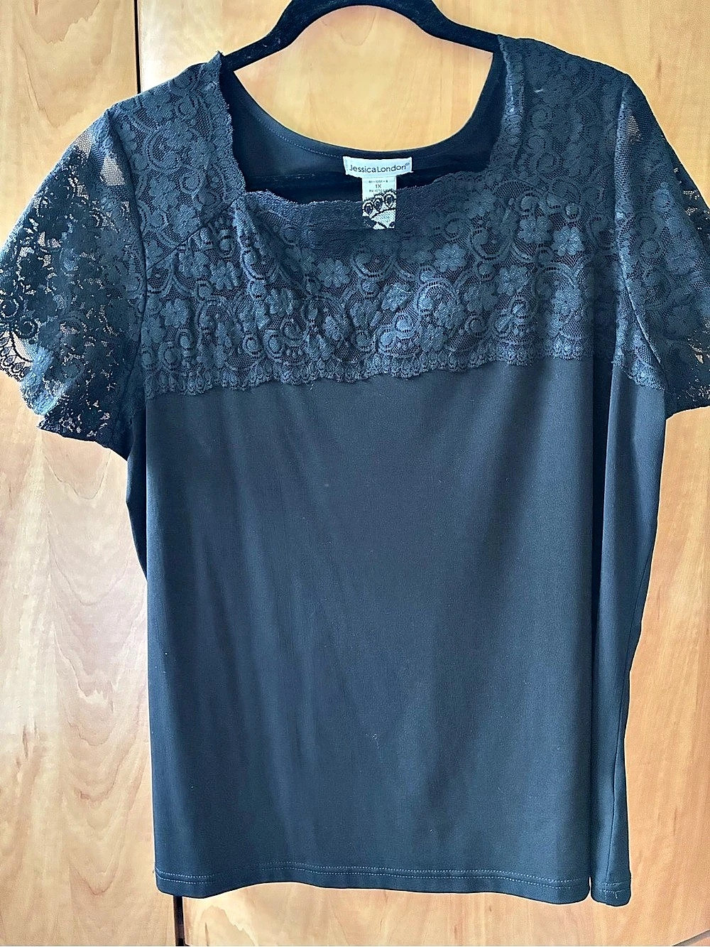 Jessica London Stretch Lace Neckline Top Black 1X
